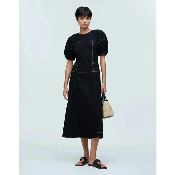NEW Madewell Women’s Size 0 Black Puff-Sleeve Drop-Waist‎ Midi Dress NWT - Picture 1 of 8
